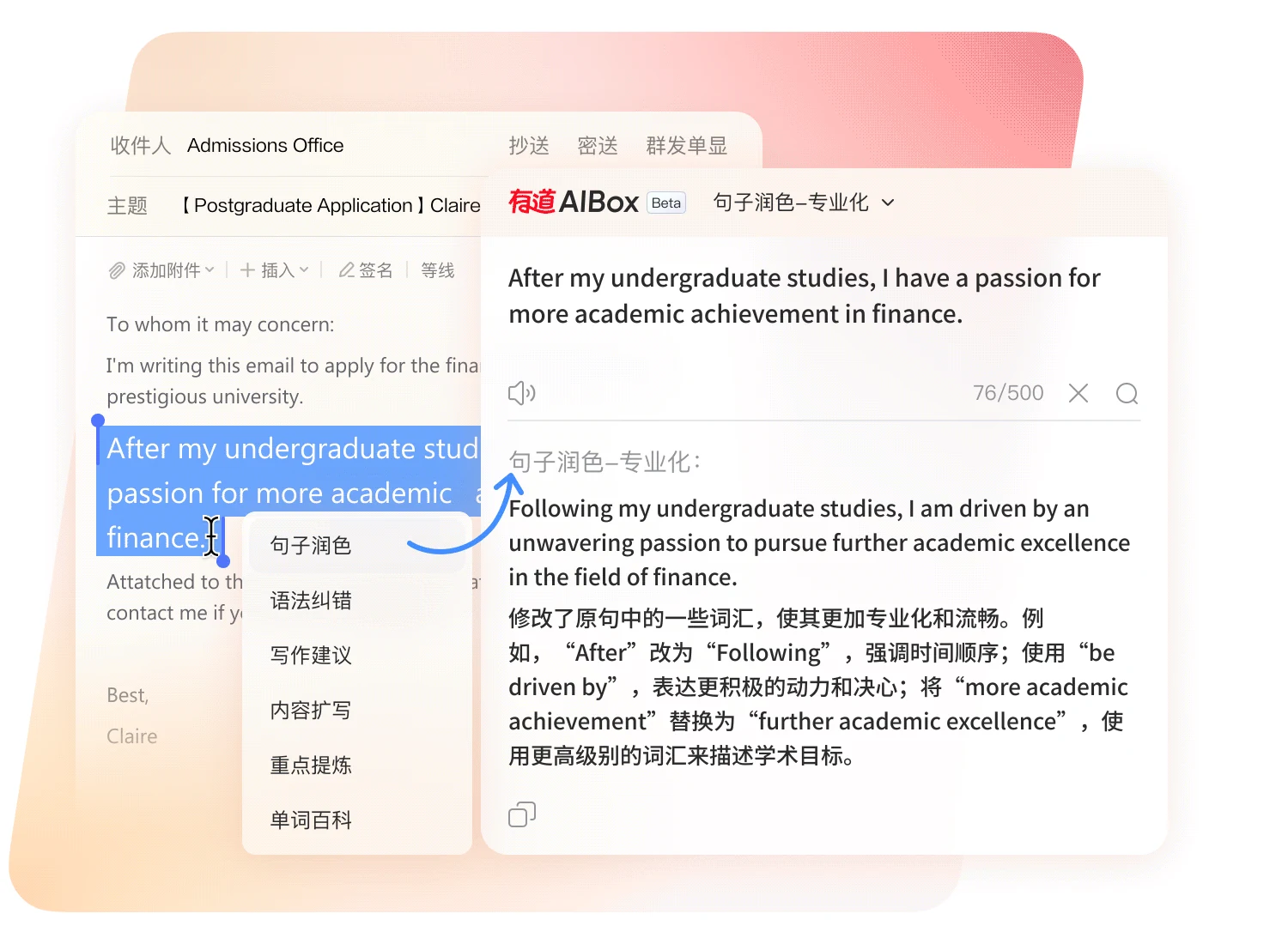 有道翻译桌面端功能界面，展示论文阅读高效入口
